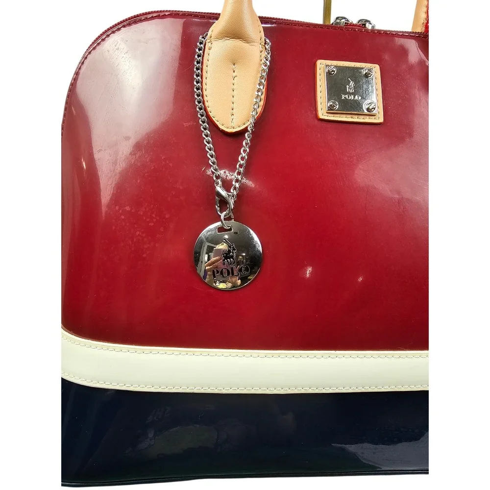 Polo Red Navy Blue Colorblock Patent Dome Satchel Bag Silver‎ Hardware Charm